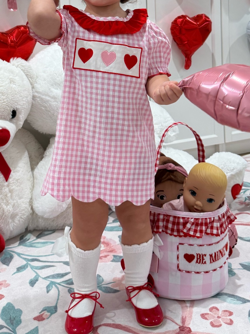 Toddler Pink Gingham Heart Dress with Red Trim